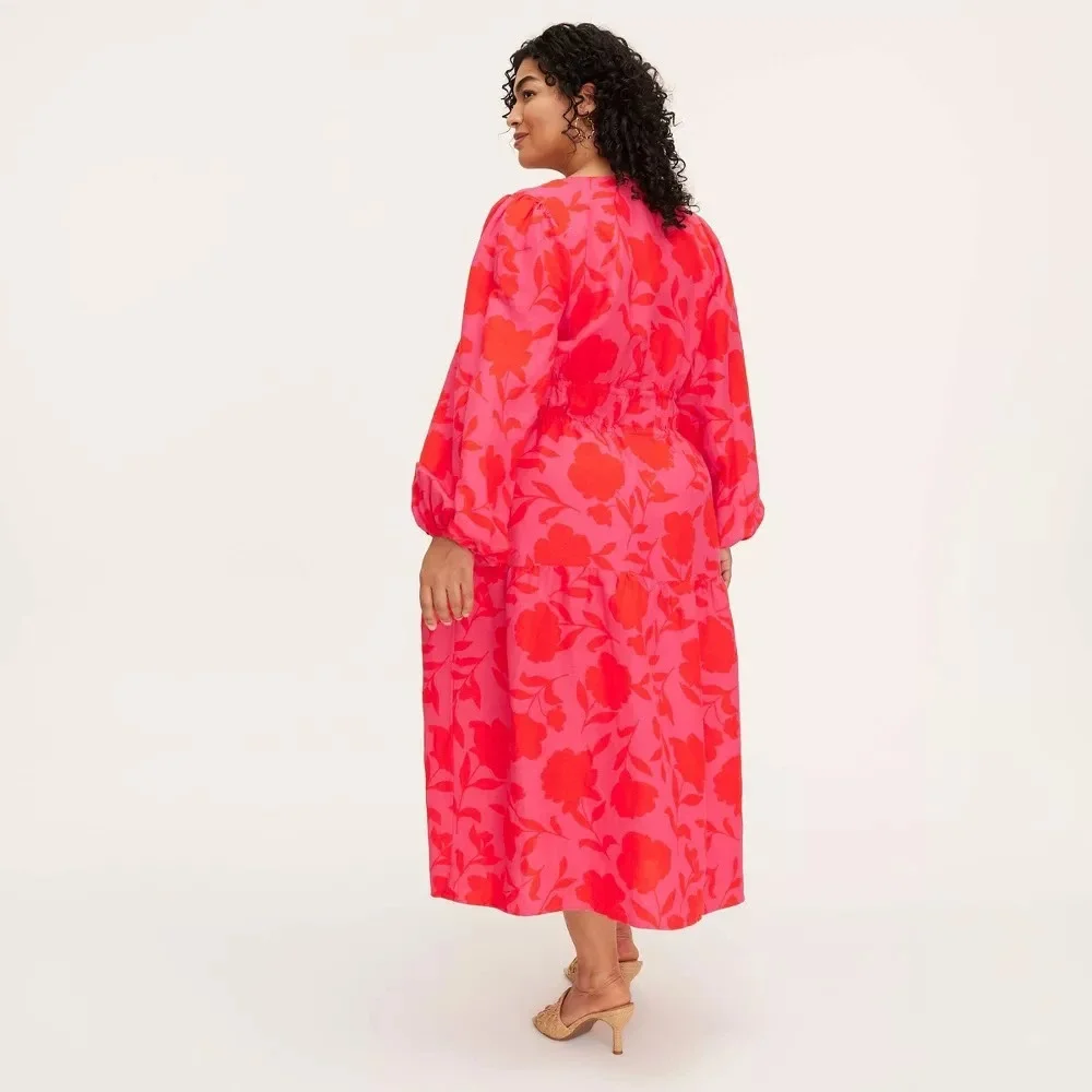 KATE SPADE x TARGET Sz 3X Classic Rose Linen Blend Tiered Long Sleeve Maxi Dress